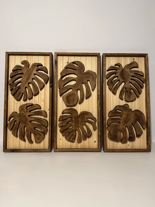 Handcrafted Wooden Monstera Leaf Wall Art – Set of 3