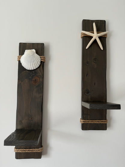 Wooden Sconces with Starfish and Scallop Shell
